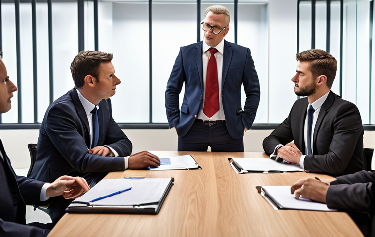 ** A Certified Public Manager (CPM) in a modern government office setting, confidently leading a team. The scene emphasizes leadership skills, ethical decision-making, and problem-solving. Maybe a subtle background element referencing the EFQM (European Foundation for Quality Management).
**
