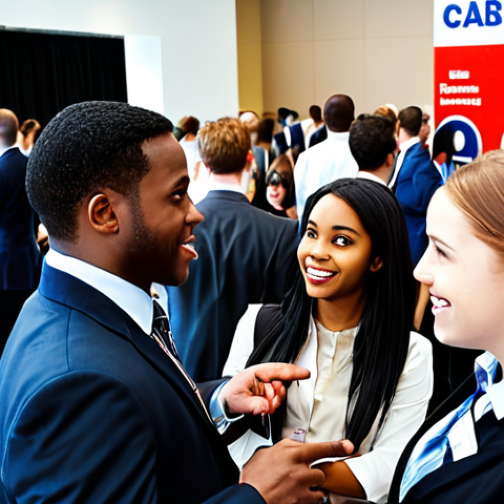 **

"A diverse group of young professionals networking at a career fair, some wearing business attire, with government agency logos and company banners visible in the background. The atmosphere is energetic and optimistic."

**