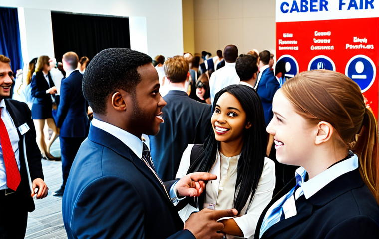 **

"A diverse group of young professionals networking at a career fair, some wearing business attire, with government agency logos and company banners visible in the background. The atmosphere is energetic and optimistic."

**