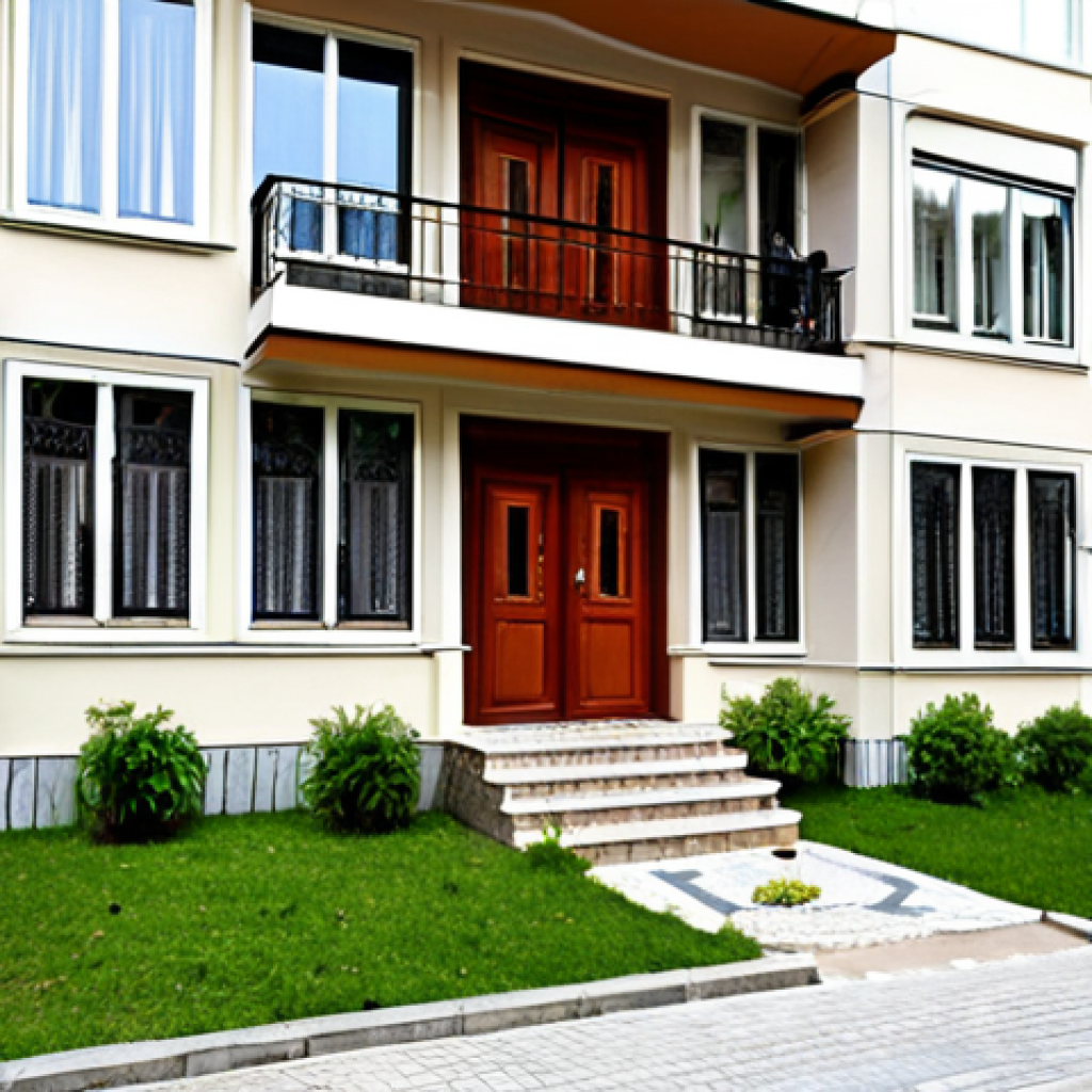 **

A bustling apartment complex exterior in Istanbul, Turkey. Focus on the well-maintained grounds, clean facades, and secure entrance. Show diverse residents interacting positively, perhaps a family entering the building or neighbors chatting. The overall feeling should be safe, comfortable, and well-managed. Consider a sunny day to enhance the positive atmosphere. The style should be realistic and inviting.

**