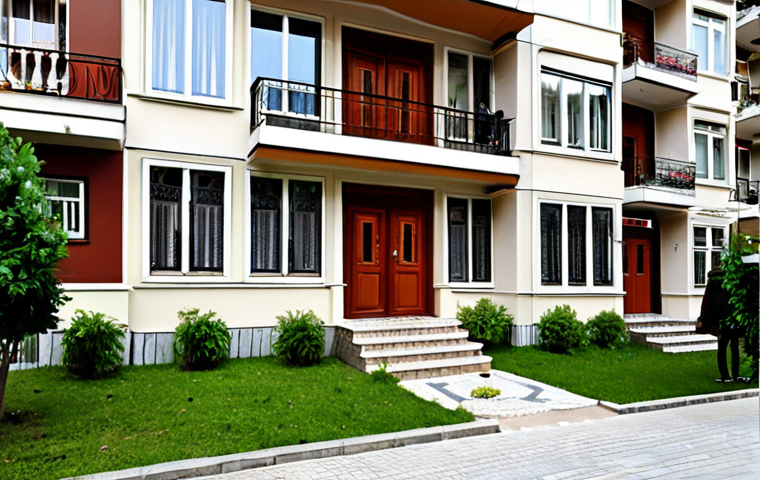 **

A bustling apartment complex exterior in Istanbul, Turkey. Focus on the well-maintained grounds, clean facades, and secure entrance. Show diverse residents interacting positively, perhaps a family entering the building or neighbors chatting. The overall feeling should be safe, comfortable, and well-managed. Consider a sunny day to enhance the positive atmosphere. The style should be realistic and inviting.

**