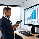** "A well-dressed public administrator in a modern office, reviewing performance metrics on a large screen. Charts and graphs are visible, showcasing positive progress. The administrator appears motivated and focused."

**