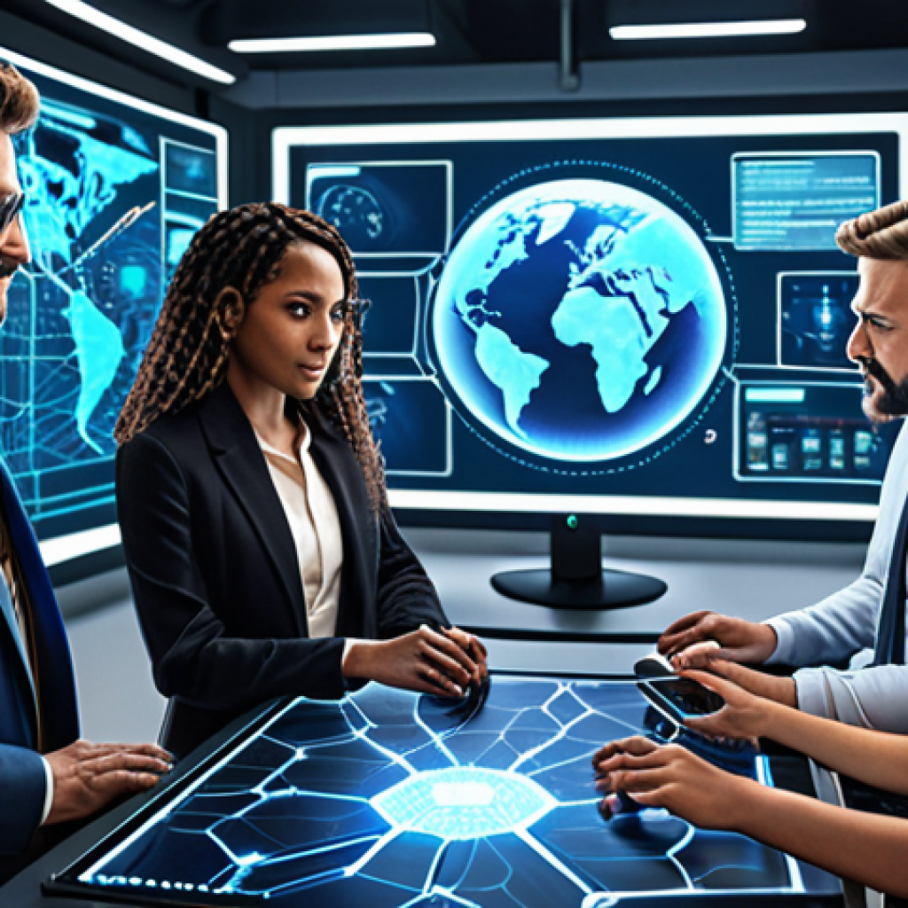 ** Global digital government collaboration. Diverse people connecting online, sharing ideas on AI, blockchain, and data security. A futuristic, interconnected world.

**