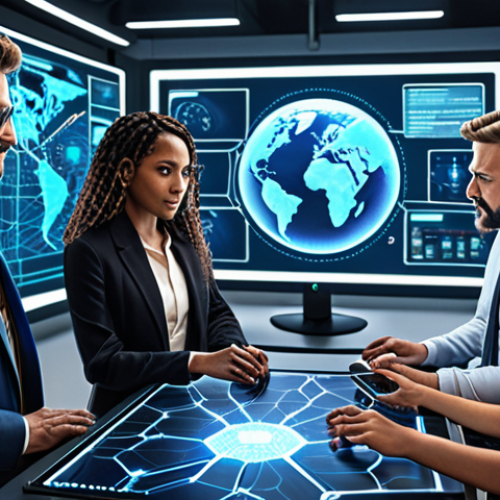 Home 24 ** Global digital government collaboration. Diverse people connecting online, sharing ideas on AI, blockchain, and data security. A futuristic, interconnected world.
**