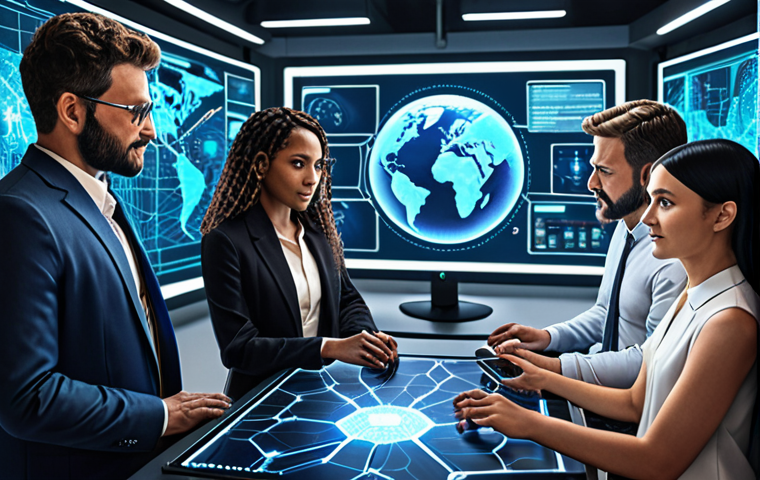 ** Global digital government collaboration. Diverse people connecting online, sharing ideas on AI, blockchain, and data security. A futuristic, interconnected world.

**