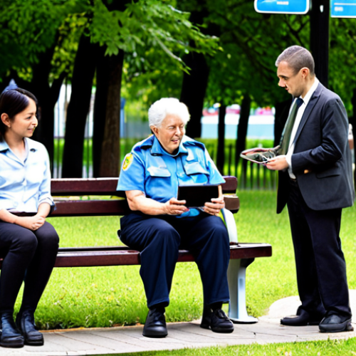 Home 23 **
A diverse group of public servants (male and female, various ages) engaging with citizens outdoors. One official is actively listening with empathy to an elderly citizen seated on a park bench, while another is showing a young person how to use an e-government application on a tablet. The background includes modern city elements blended with green spaces, symbolizing citizen-focused service and digital transformation. Focus on conveying trust and approachability.
**