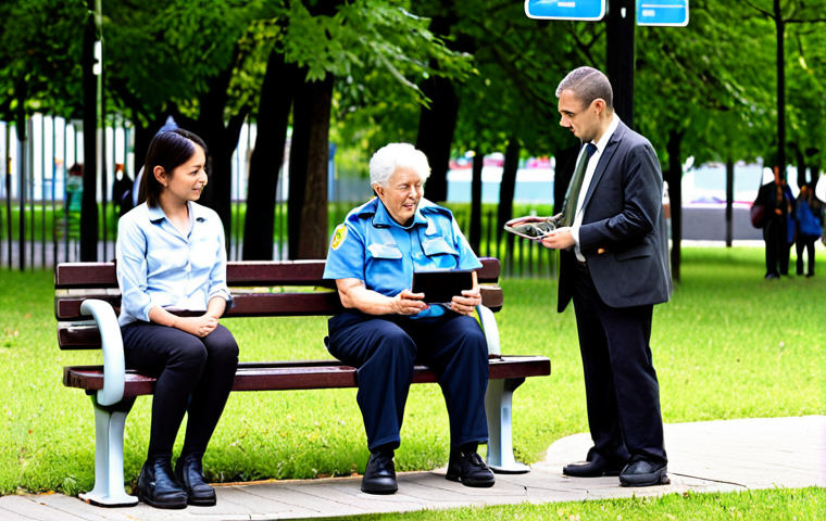 **

A diverse group of public servants (male and female, various ages) engaging with citizens outdoors. One official is actively listening with empathy to an elderly citizen seated on a park bench, while another is showing a young person how to use an e-government application on a tablet. The background includes modern city elements blended with green spaces, symbolizing citizen-focused service and digital transformation. Focus on conveying trust and approachability.

**