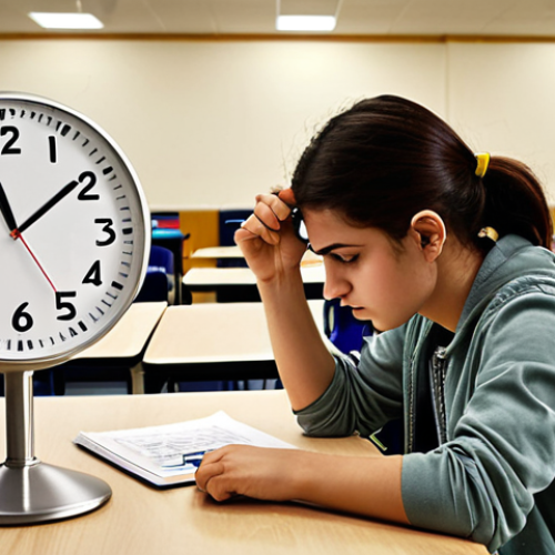 Home 22 **Prompt 1:** A determined Turkish student, mid-20s, intensely focused on a challenging multiple-choice exam. The student is seated at a typical exam desk in a modern, well-lit test hall. A subtle overlay or visual cue of a clock with fast-moving hands or an hourglass can be seen in the background, symbolizing time pressure. The student's hand is paused, indicating strategic thought, possibly skipping a difficult question or reviewing a key term. The scene conveys the mental struggle and strategic thinking involved in high-stakes exams, emphasizing proactive problem-solving. Realistic, detailed, natural lighting.