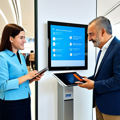 Home 9 A diverse group of Turkish citizens, including adults of varying ages, seamlessly interacting with modern public services. One person is using a user-friendly digital kiosk in a bright, clean government service center, while another is accessing information on a tablet from a comfortable, well-lit home environment. The scene emphasizes efficiency and accessibility, showcasing digital transformation in action. All subjects are fully clothed in appropriate, modest attire and professional dress. safe for work, appropriate content, family-friendly, perfect anatomy, correct proportions, natural pose, well-formed hands, proper finger count, professional photography, high quality.