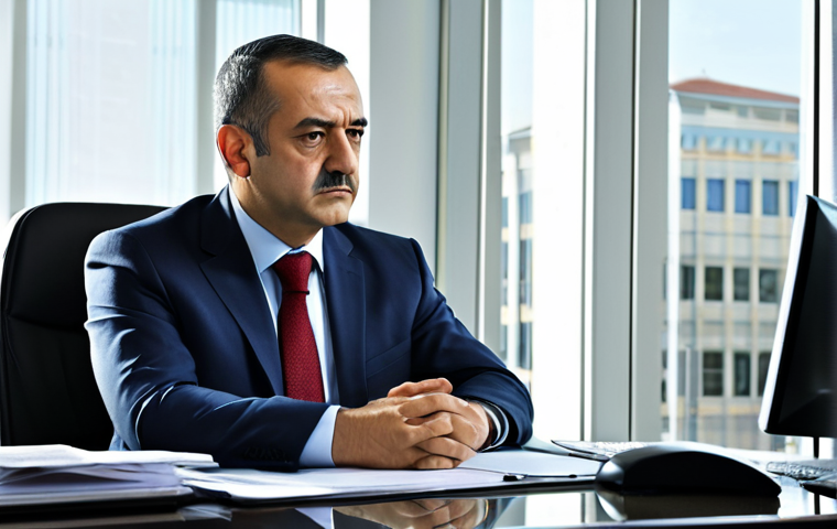 A professional Turkish public administrator, fully clothed in a modest business suit, sitting at a desk in a modern government office. The administrator has a thoughtful and serious expression, looking at a financial report or a computer screen, reflecting on economic challenges. The background shows a contemporary office environment with natural light. Safe for work, appropriate content, professional dress, perfect anatomy, correct proportions, natural pose, well-formed hands, proper finger count, natural body proportions, high quality, realistic photography.