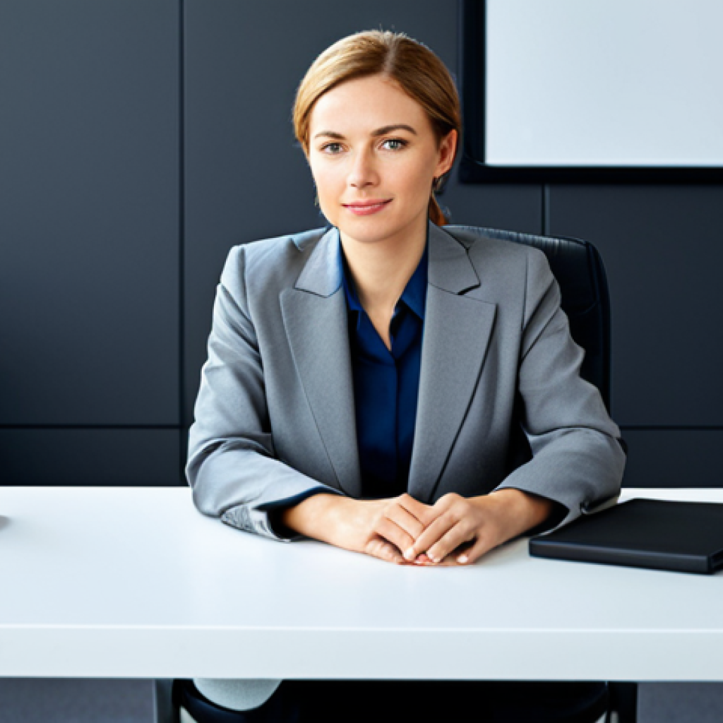 **
"A professional businesswoman in a modest business suit, sitting at a desk in a modern office, fully clothed, appropriate attire, safe for work, perfect anatomy, natural proportions, professional photography, high quality."
**