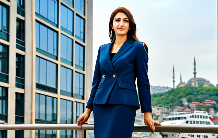 **
A professional Turkish businesswoman in a modest, well-tailored business suit (etek ceket takım), standing confidently in front of a modern office building in Istanbul, possibly near Levent. Fully clothed, appropriate attire, safe for work, perfect anatomy, natural proportions, professional photography, high quality, professional dress. The background should include a glimpse of the Bosphorus. Family-friendly, modest.
**