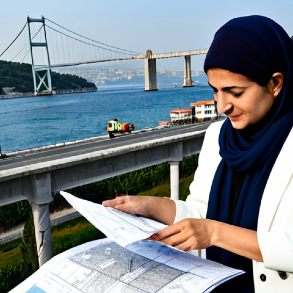 City Planner in Istanbul**
"A professional female city planner, fully clothed in a modest business casual outfit, reviewing blueprints at a construction site in Istanbul, Turkey. Background includes the Bosphorus Bridge and modern buildings. Safe for work, appropriate content, perfect anatomy, well-formed hands, natural pose, professional, modest, family-friendly."
**