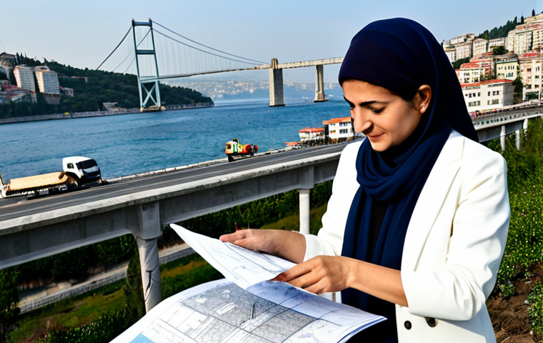 City Planner in Istanbul**
"A professional female city planner, fully clothed in a modest business casual outfit, reviewing blueprints at a construction site in Istanbul, Turkey. Background includes the Bosphorus Bridge and modern buildings. Safe for work, appropriate content, perfect anatomy, well-formed hands, natural pose, professional, modest, family-friendly."
**