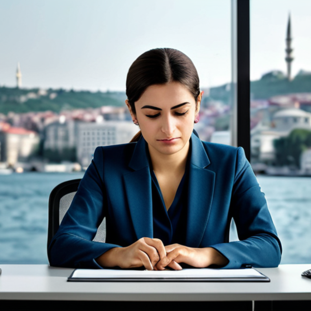 **
A professional, fully clothed woman in a modern office setting in Istanbul. She's wearing a modest business suit and thoughtfully reviewing data on a computer screen. The background features a blurred view of the Bosphorus. The scene emphasizes a blend of tradition and modernity. Safe for work, appropriate content, professional, perfect anatomy, natural pose, well-formed hands, proper finger count, high resolution, professional photography.
**