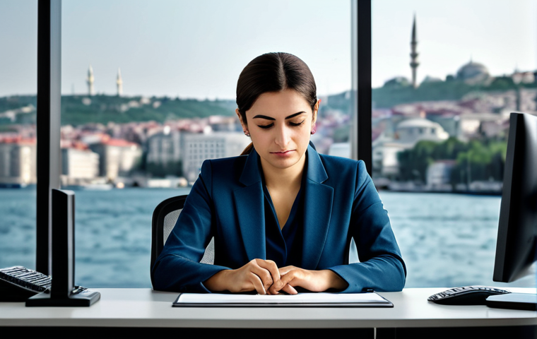 **

A professional, fully clothed woman in a modern office setting in Istanbul. She's wearing a modest business suit and thoughtfully reviewing data on a computer screen. The background features a blurred view of the Bosphorus. The scene emphasizes a blend of tradition and modernity. Safe for work, appropriate content, professional, perfect anatomy, natural pose, well-formed hands, proper finger count, high resolution, professional photography.

**