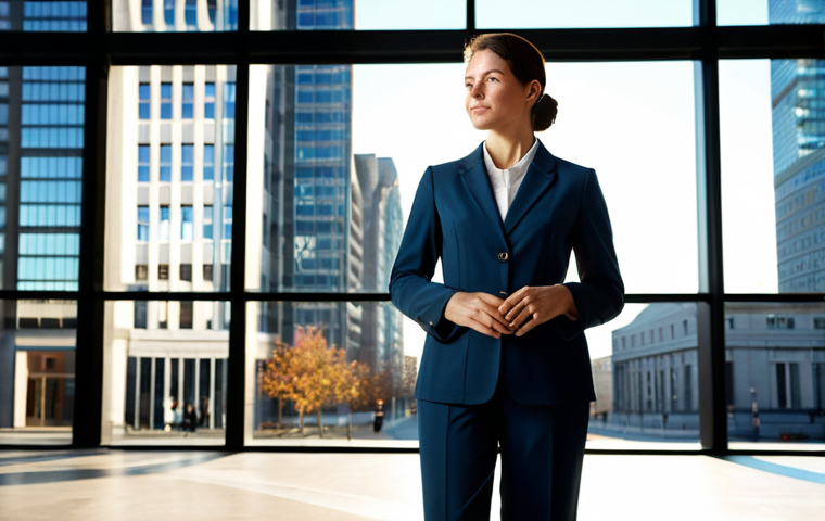 **

A confident civil servant, fully clothed in a modest, professional pantsuit, stands in front of a modern city hall building with large windows. Sunlight streams through the windows, casting a warm glow.  Perfect anatomy, correct proportions, natural pose. Safe for work, appropriate content, professional, family-friendly, high quality, well-formed hands, proper finger count, natural body proportions.

**