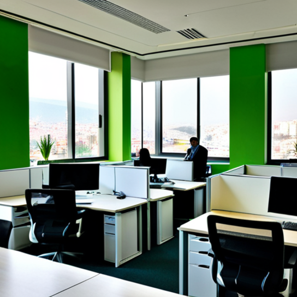 Modern Public Administration Office**

"A bright, modern public administration office in Ankara, Turkey, featuring employees working at ergonomic desks, fully clothed in professional attire. Large windows overlook a cityscape. The office incorporates green building elements like indoor plants and energy-efficient lighting. Safe for work, appropriate content, perfect anatomy, natural proportions, family-friendly, professional photography, high quality."

**