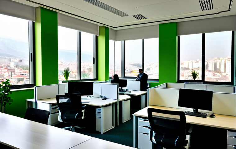 Modern Public Administration Office**
"A bright, modern public administration office in Ankara, Turkey, featuring employees working at ergonomic desks, fully clothed in professional attire. Large windows overlook a cityscape. The office incorporates green building elements like indoor plants and energy-efficient lighting. Safe for work, appropriate content, perfect anatomy, natural proportions, family-friendly, professional photography, high quality."
**