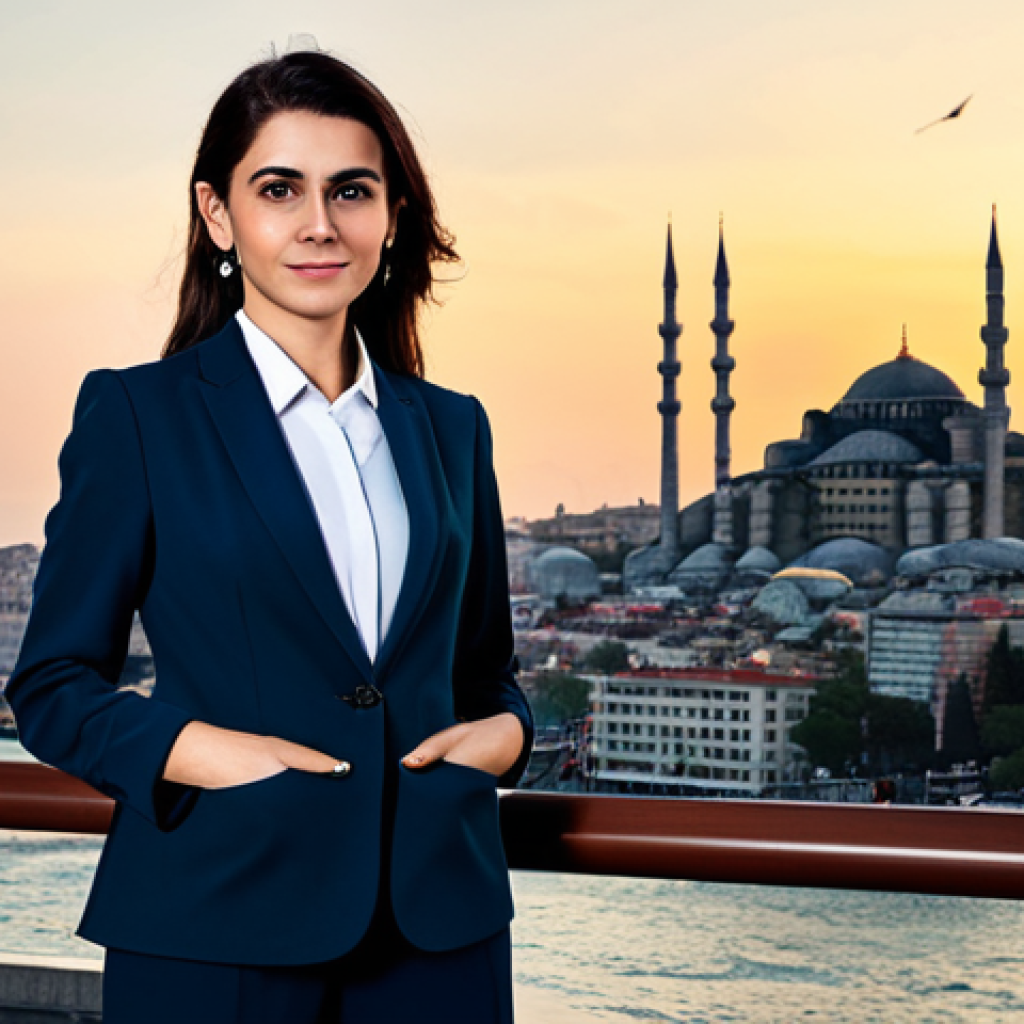 **Prompt:** A professional businesswoman in a modest, tailored suit standing confidently in front of the Istanbul skyline at sunset, fully clothed, appropriate attire, safe for work, perfect anatomy, natural proportions, professional photography, high quality.