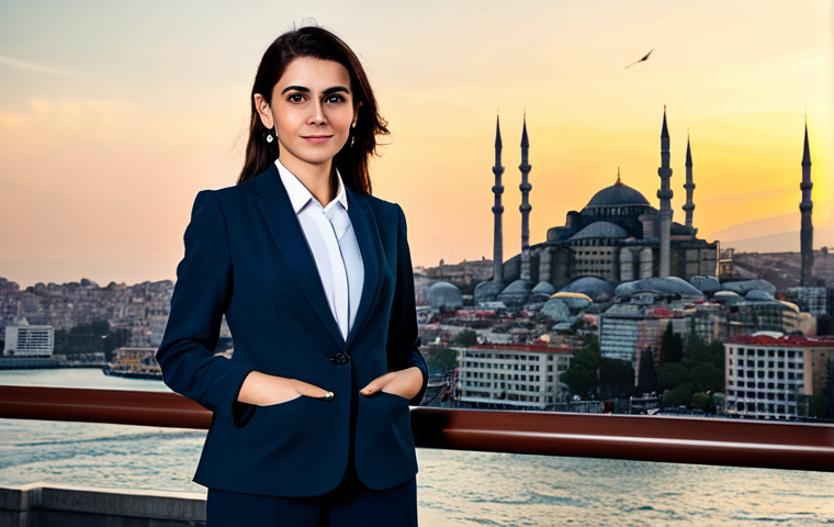 **Prompt:** A professional businesswoman in a modest, tailored suit standing confidently in front of the Istanbul skyline at sunset, fully clothed, appropriate attire, safe for work, perfect anatomy, natural proportions, professional photography, high quality.