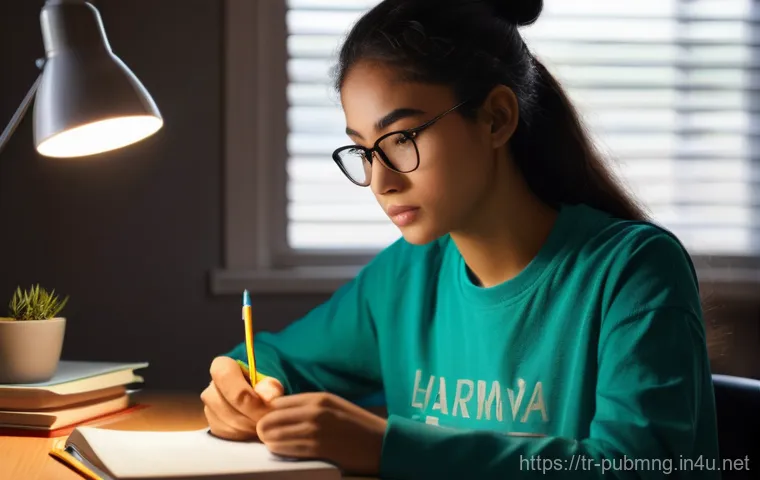 공공관리사 시험 난이도 분석 - **Prompt:** A young university-aged woman sitting at a desk, deeply immersed in studying for a chall...