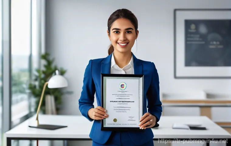 공공관리사와 관련된 국제 자격증의 비교 - A confident and determined young professional, of Turkish ethnicity, is standing in a bright, modern...