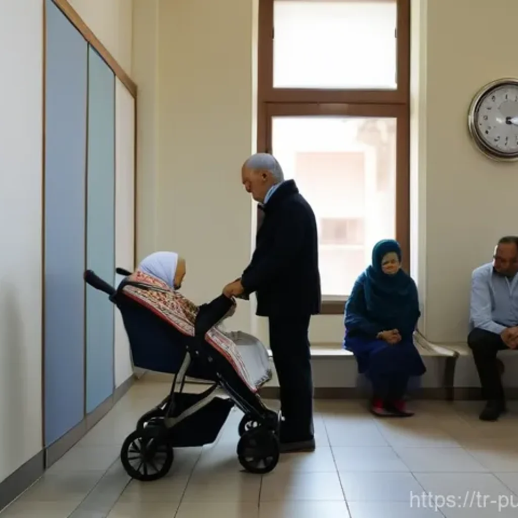 공공관리사 실무에서 겪는 주요 문제 - A wide shot inside a Turkish government office waiting area. A long, winding queue of diverse Turkis...