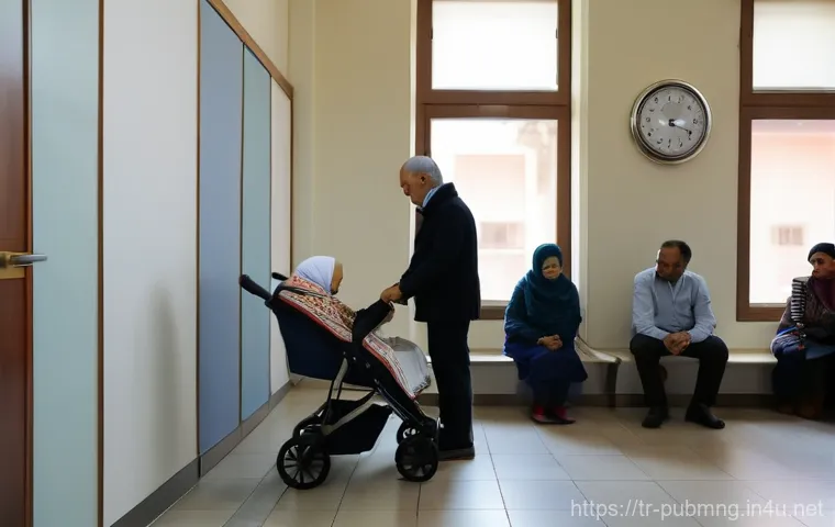 공공관리사 실무에서 겪는 주요 문제 - A wide shot inside a Turkish government office waiting area. A long, winding queue of diverse Turkis...