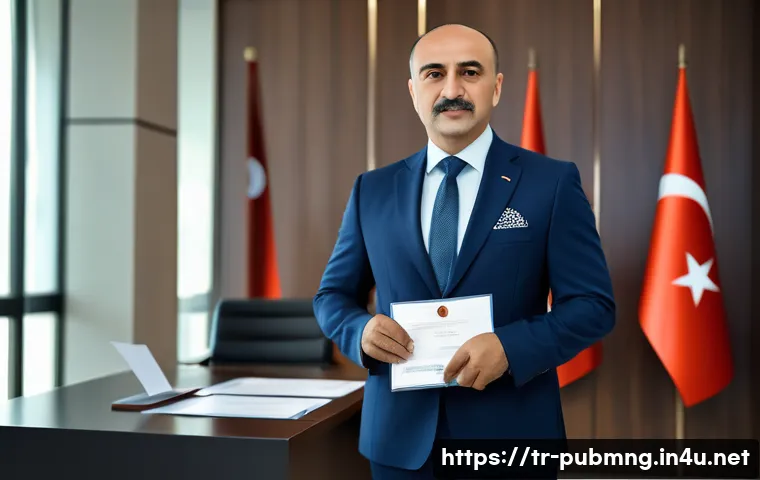 공공관리사 시험 합격 후 필요한 절차 - A professional Turkish public servant in formal business attire standing confidently in a modern gov...