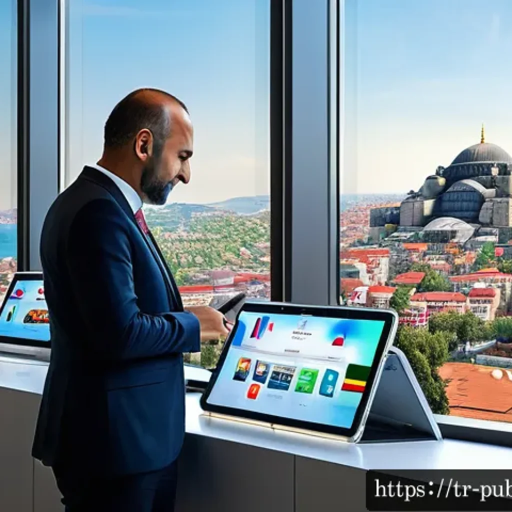 공공관리사와 공공정책의 발전 가능성 - A modern Turkish government office with diverse public servants using digital devices such as tablet...