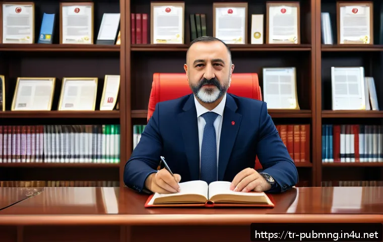 공공관리사 관련 법령과 규정 이해 - A professional Turkish public administrator in a modern government office, wearing formal business a...