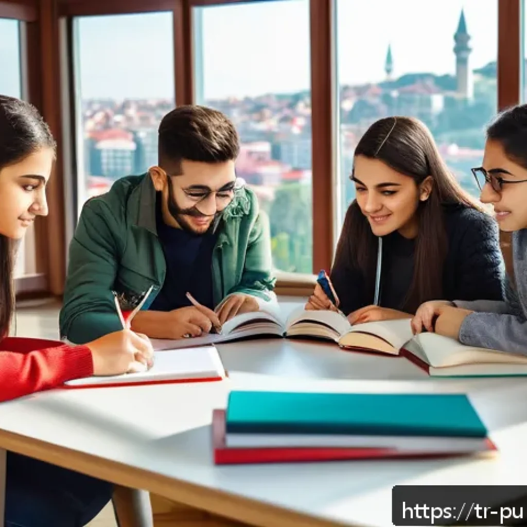공공관리사 시험 대비 스터디 그룹 활동의 장점 - A diverse group of young Turkish university students studying together in a cozy, modern library set...