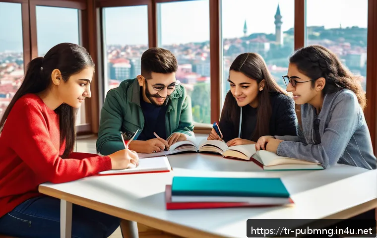 공공관리사 시험 대비 스터디 그룹 활동의 장점 - A diverse group of young Turkish university students studying together in a cozy, modern library set...