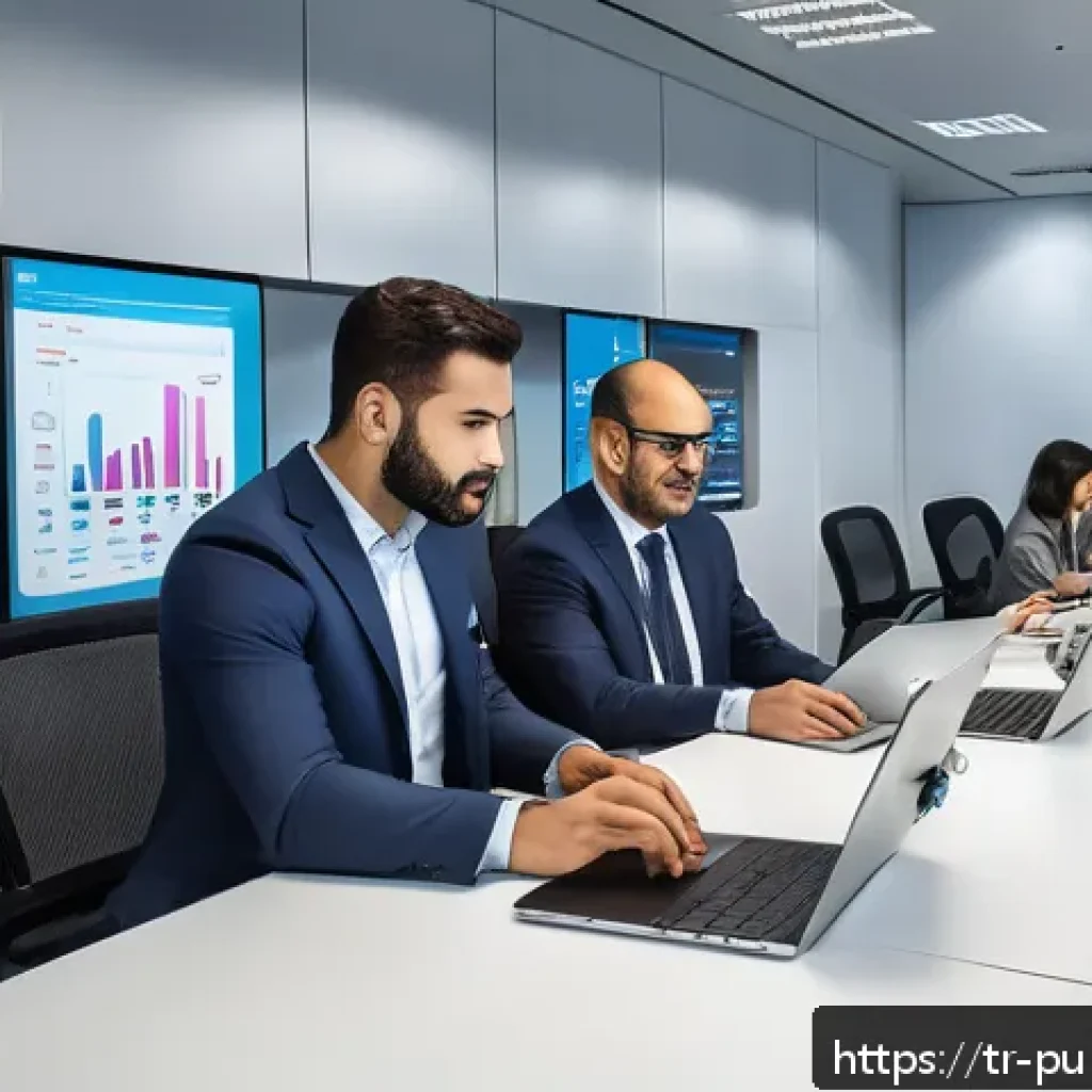 공공관리사 직무에서의 커리어 개발 방향 - A modern Turkish government office setting with diverse civil servants collaborating around digital ...