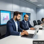 Home 21 공공관리사 직무에서의 커리어 개발 방향 - A modern Turkish government office setting with diverse civil servants collaborating around digital ...