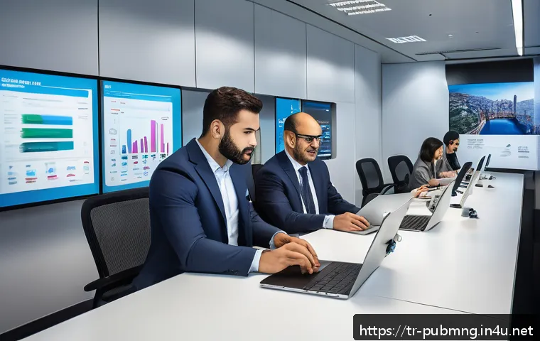 공공관리사 직무에서의 커리어 개발 방향 - A modern Turkish government office setting with diverse civil servants collaborating around digital ...
