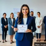 Home 19 공공관리사 자격증을 통한 글로벌 경력 개발 가능성 - A professional Turkish woman in business attire standing confidently in a modern international offic...