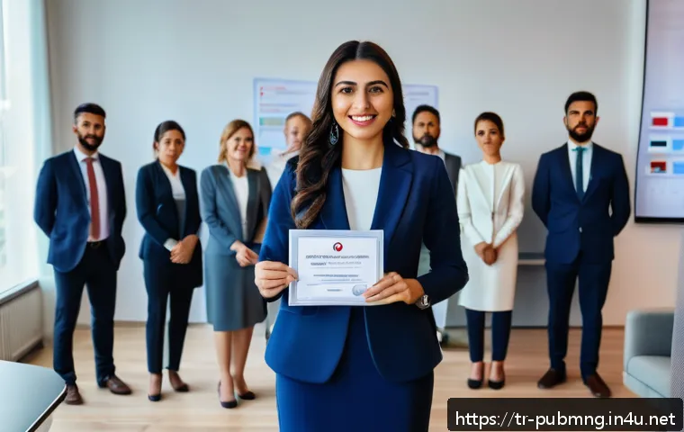 공공관리사 자격증을 통한 글로벌 경력 개발 가능성 - A professional Turkish woman in business attire standing confidently in a modern international offic...