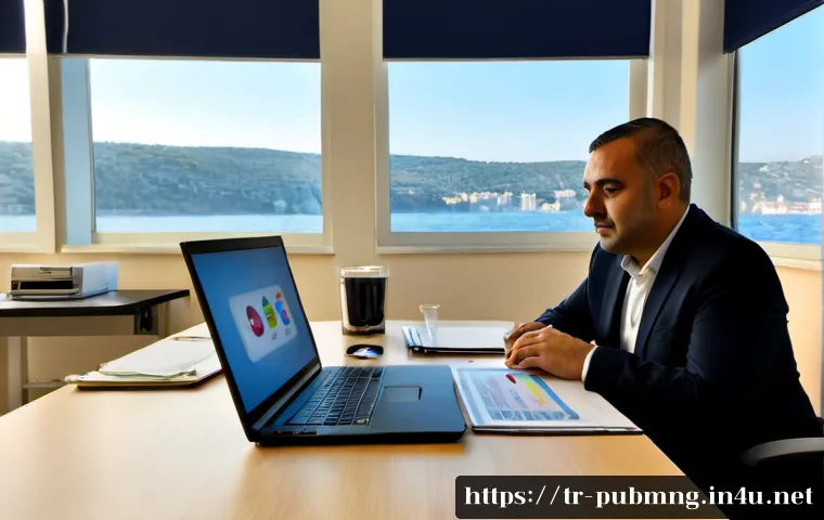 공공관리사 업무 자동화 도구 활용 - Photorealistic Turkish municipal office, a public services manager using a laptop with a clean icon-...