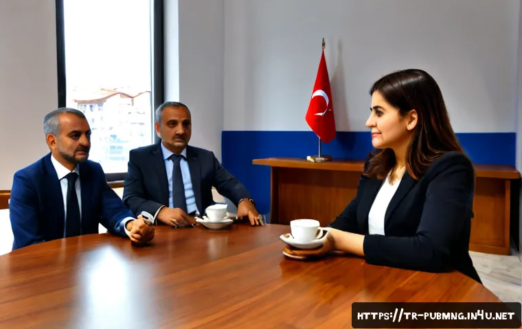 공공관리사 실무에서의 팀워크와 협력 기술 - Photorealistic municipal public administration team in a modern Turkish city hall meeting room, dive...